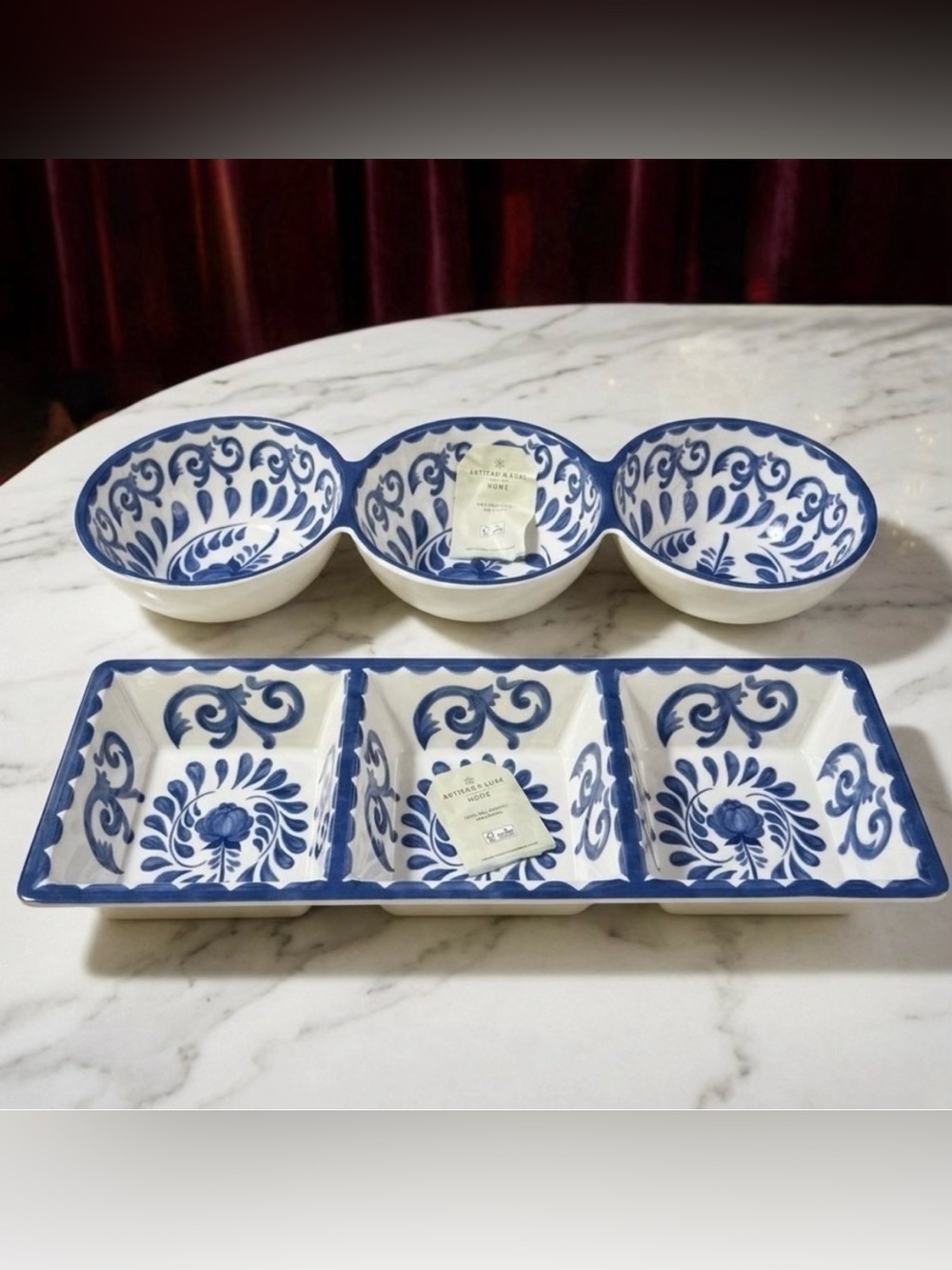 Artisan De Luxe Set Of 2 Melamine Blue Rose Scroll 3-Section Serving Trays NEW